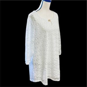JM Collection Crochet Lace 3/4 Sleeve Keyhole Double Layered Tunic Top White  XL